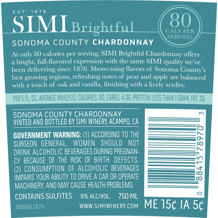 Simi Chardonnay Brightful Sonoma County 2021 - 750ML