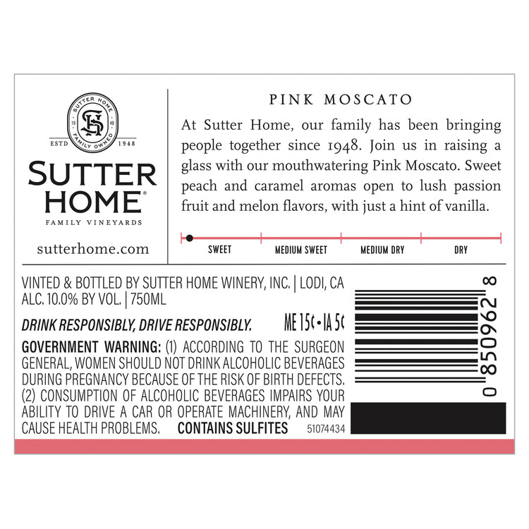 Sutter Home Pink Moscato California - 750ML - Back Label