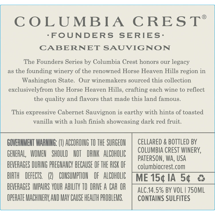 Columbia Crest Cabernet Sauvignon Founders Series Horse Heaven Hills 2 - 750ML - Back Label