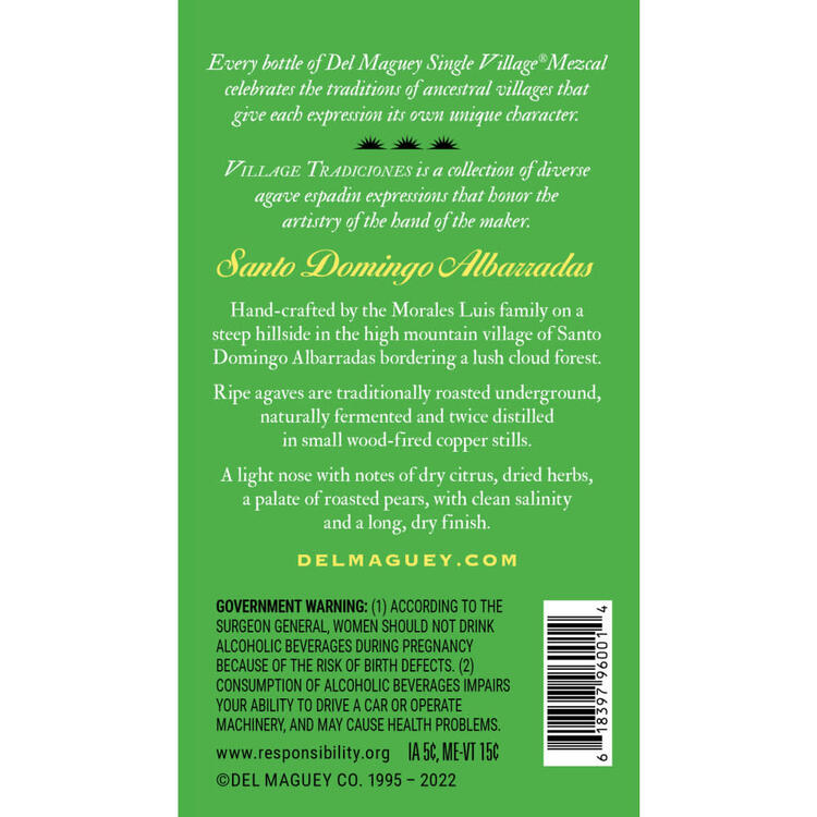 Del Maguey Mezcal Single Village Santo Domingo Albarradas 96 - 750ML - Back Label