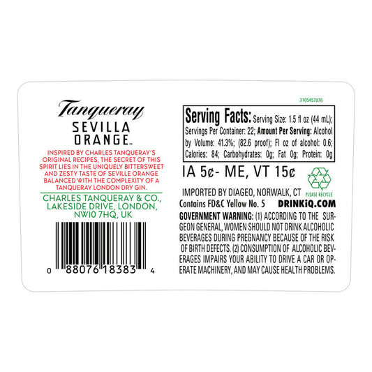 Tanqueray Sevilla Orange Flavored Gin 82.6 - 1.0L - Back Label