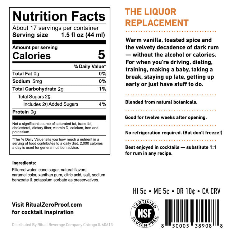 Ritual Zero Proof Rum Alternative Non-Alcoholic Spirit - 750ML - Back Label