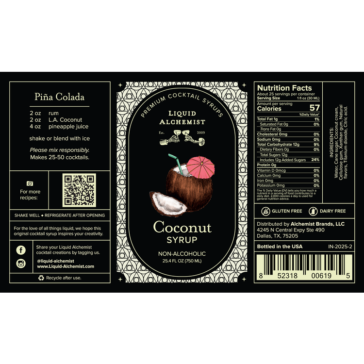 Liquid Alchemist Coconut Syrup - 750ML - Front Label