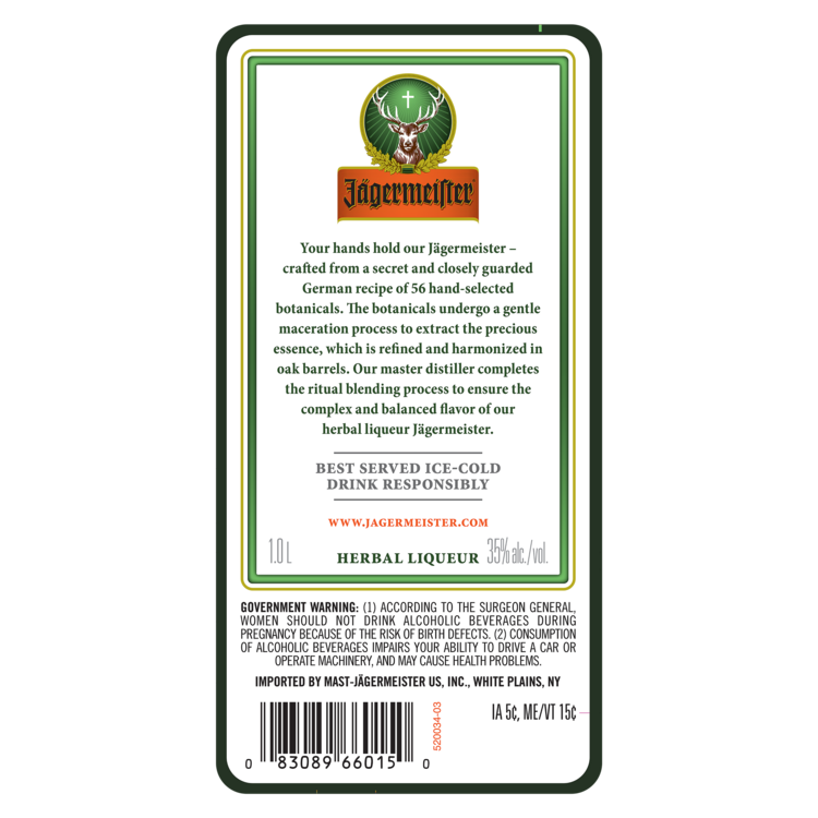 Jagermeister Herbal Liqueur 70 - 1.0L - Back Label