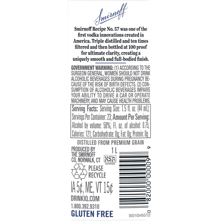 Smirnoff Vodka 100 - 1.0L