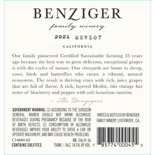 Benziger Family Winery Merlot California - 750ML - Back