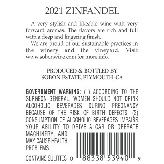 SOBON ESTATE Sobon Estate Zinfandel Cougar Hill Amador County 2022 - Back Label