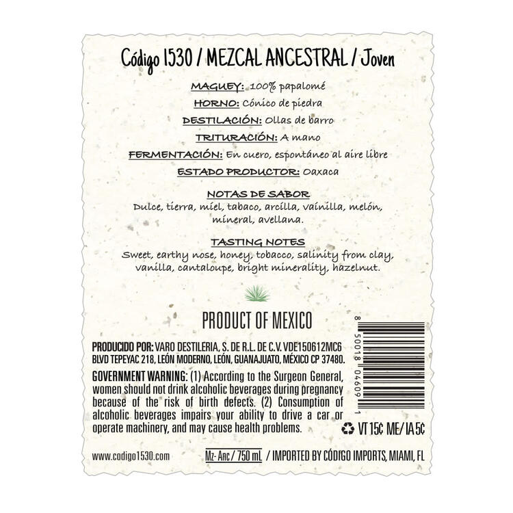 Codigo 1530 Mezcal Ancestral Joven 86.2 - 750ML - Front