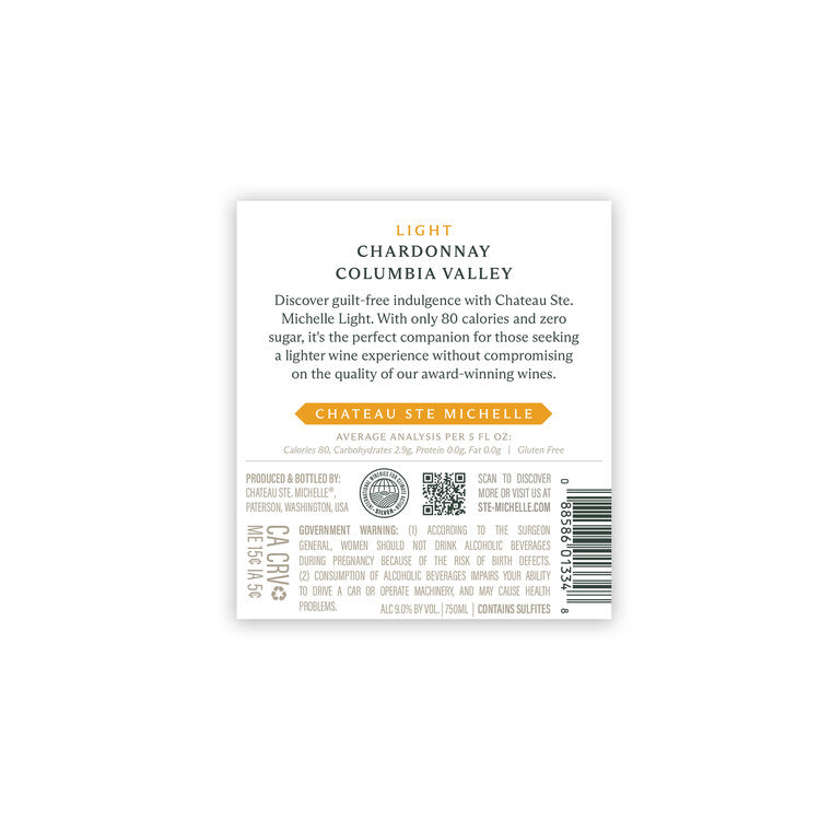 Chateau Ste. Michelle Chardonnay Light Columbia Valley - 750ML - Back Label
