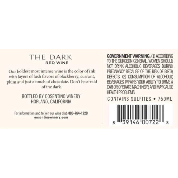Cosentino Winery Red Wine The Dark Lodi 2022 - 750ML - Back Label