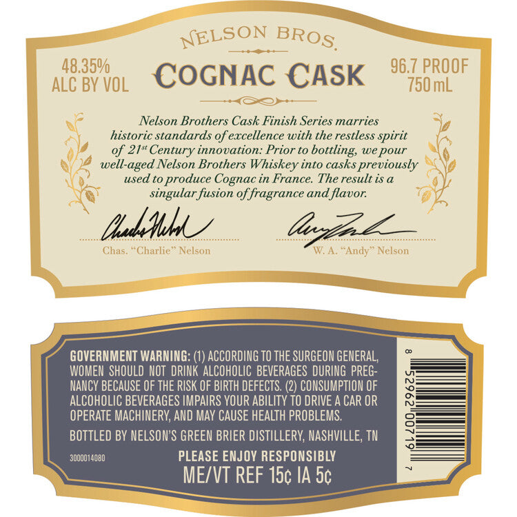 Nelson Bros Blended American Bourbon Whiskey Cognac Cask 96.7 - 750ML - Back Label