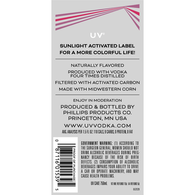 Uv Cake Flavored Vodka 60 - 750ML - Back Label