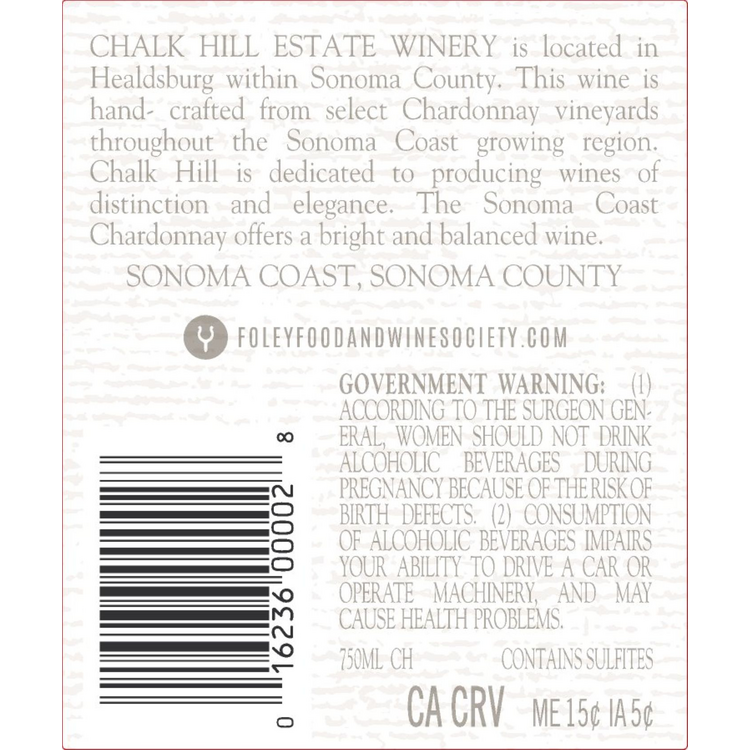 Chalk Hill Chardonnay Sonoma Coast 2024 - 750ML - Back Label