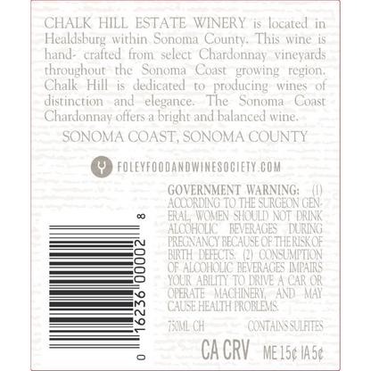 Chalk Hill Chardonnay Sonoma Coast 2024 - 750ML - Back Label