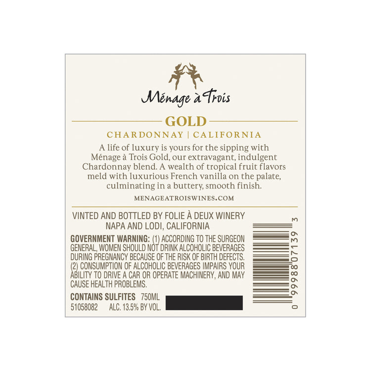 Menage A Trois Chardonnay Gold California - 750ML - Back Label