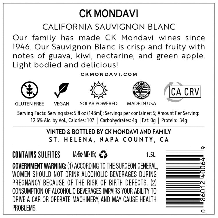 Ck Mondavi Sauvignon Blanc California - 1.5L - Back Label