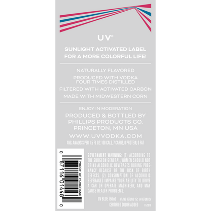 Uv Blue Raspberry Flavored Vodka 60 - 750ML - Back Label