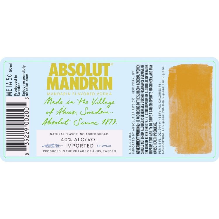 Absolut Orange Flavored Vodka Mandrin 80 - 50ML - Back Label