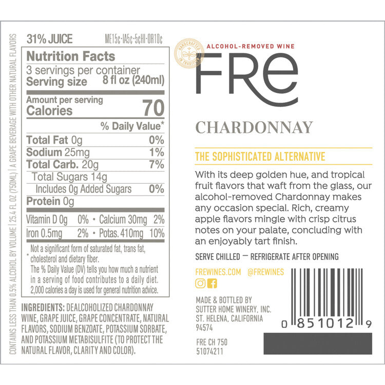 Fre Chardonnay Alcohol Removed - 750ML - Back Label