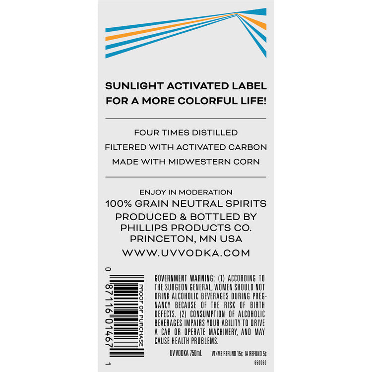 Uv Vodka 80 - 750ML - Back Label
