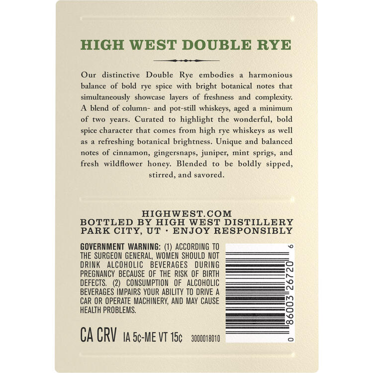 High West Rye Whiskey Double Rye! 92 - 1.75L - Back Label