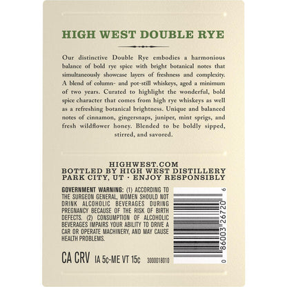 High West Rye Whiskey Double Rye! 92 - 1.75L - Back Label