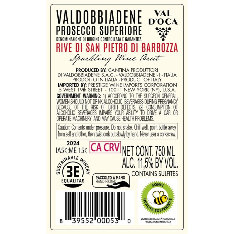 Val D'Oca Valdobbiadene Prosecco Superiore Brut Rive Di San Pietro Di - 750ML - Back