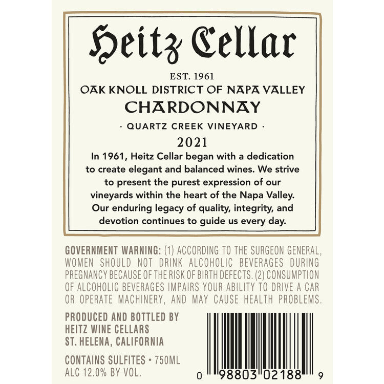 Heitz Cellar Chardonnay Quartz Creek Vineyard Oak Knoll District 2021 - 750ML - Back