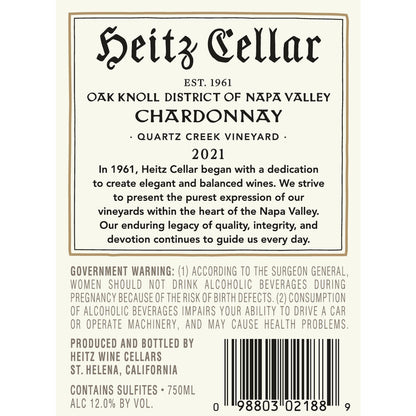 Heitz Cellar Chardonnay Quartz Creek Vineyard Oak Knoll District 2021 - 750ML - Back