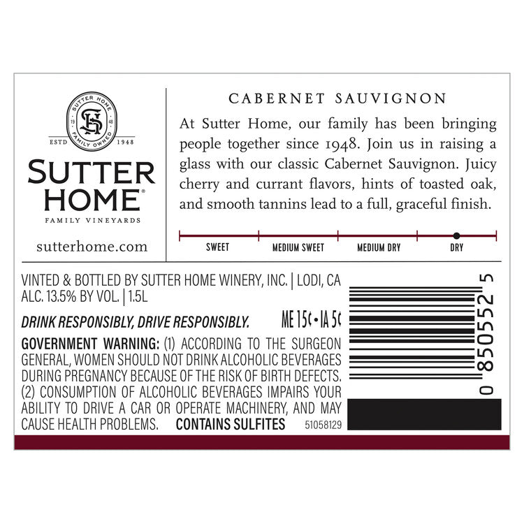 Sutter Home Cabernet Sauvignon California - 1.5L - Back Label