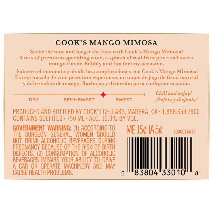 Cook's Sparkling Mango Mimosa Flavored Wine - 750ML - Back Label