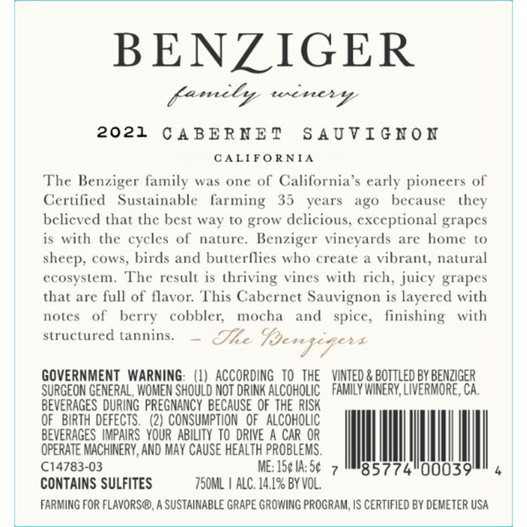 Benziger Family Winery Cabernet Sauvignon California - 750ML - Back