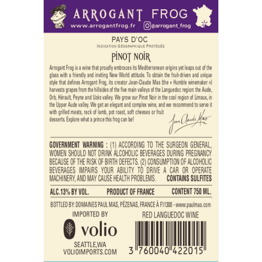 Arrogant Frog Pinot Noir Lily Pad Noir Pays D'Oc - 750ML - Back Label