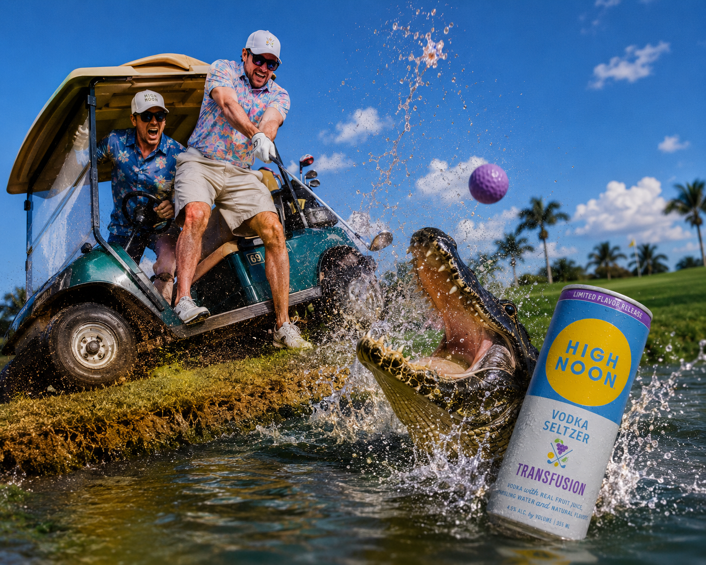 Golfers toasting High Noon Transfusion on the course